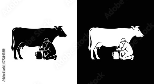 A black and white graphic illustration of a farmer kneeling to hand-milk a dairy cow into a pail.