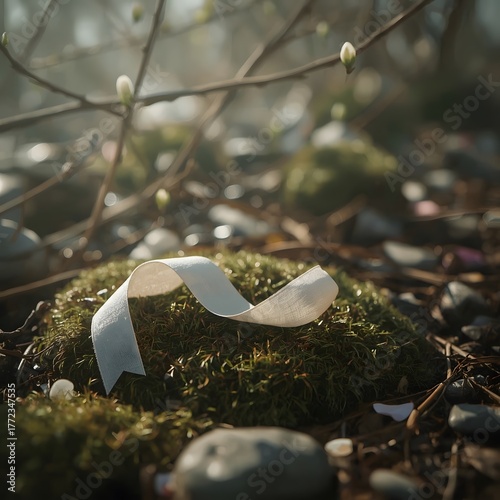 Spring’s Whisper, Faded Ribbon on Mossy Stones in a Misty Spring Forest, Gentle Light and Pastel Colors, Nostalgic and Minimal Nature Scene