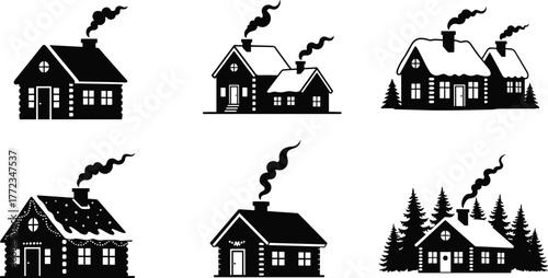Cabin silhouette illustrations with smoke, black and white winter vector art, forest homes and snowy architectural designs