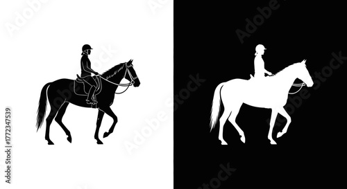 A black and white silhouette of a female equestrian riding a horse in an English riding style.