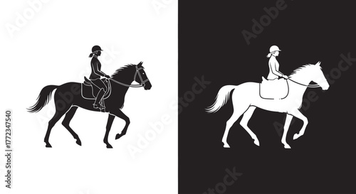 A black and a white silhouette of a woman in riding gear on a trotting horse, shown in side profile.