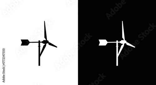 Two minimalist icons of a hybrid wind turbine and weather vane, shown as a black silhouette on white and a white silhouette on black.