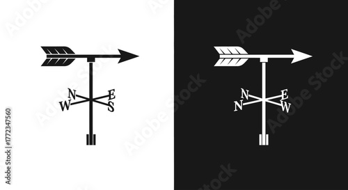 A classic weather vane icon, shown in both black on white and white on black versions, with an arrow and compass directions.