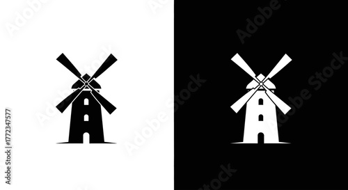 A simple, minimalist windmill icon presented in both black on white and white on black variations.