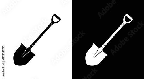 A black shovel icon on a white background and its inverse, a white shovel on a black background.
