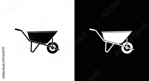 A simple silhouette icon of a wheelbarrow, shown in both black on a white background and white on a black background.