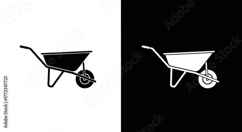 A simple graphic icon set of a garden wheelbarrow, shown in black on a white background and white on a black background.