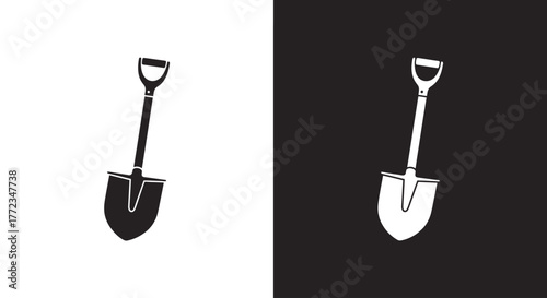 A minimalist black and white icon of a digging shovel, shown in both positive and negative versions.
