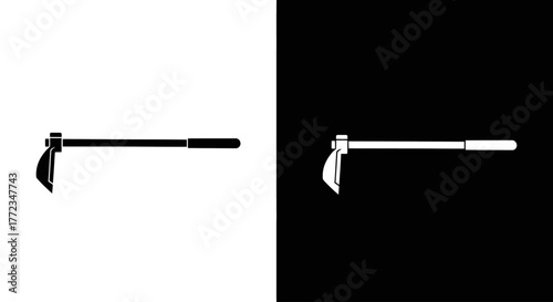 A black and white icon set featuring a silhouette of a garden hoe, a tool for farming and cultivation.