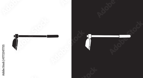 A minimalist black and white icon of a garden hoe, a tool for farming, agriculture, and gardening, shown in two color variations.