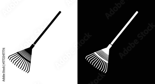 A simple black and white icon of a garden leaf rake, shown in both positive and negative versions.