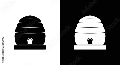 Minimalist black and white icons of a traditional dome-shaped skep beehive on contrasting backgrounds.