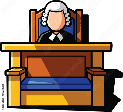 Cartoon Judge In Wig And Robes Sitting On A Wooden Chair Behind A Podium In A Courtroom