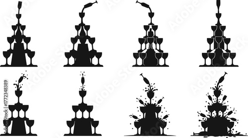 Champagne tower silhouette illustrations, black and white vector art of cascading glass pyramids and pouring bottle variations