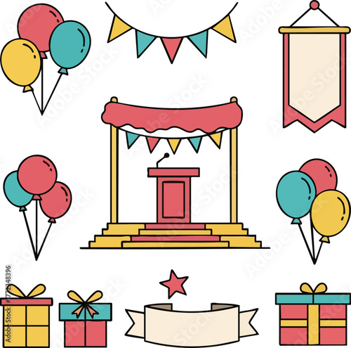 Celebration Scene With Balloons Bunting Podium And Gift Boxes In A Flat Design Style