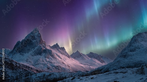 Luminous aurora borealis dancing above snow-covered peaks transforming an epic landscape into a celestial wonderland
