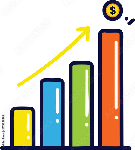 Colorful Bar Chart Showing Financial Growth With Upward Arrow and Dollar Coin Atop Tallest Bar