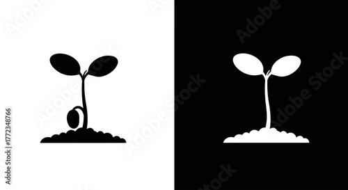 A black and a white silhouette icon of a young plant seedling sprouting from the earth, symbolizing new life and growth.