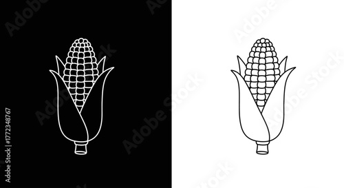 A minimalist line art icon of a corn cob with husks, shown in both black and white inverse versions.