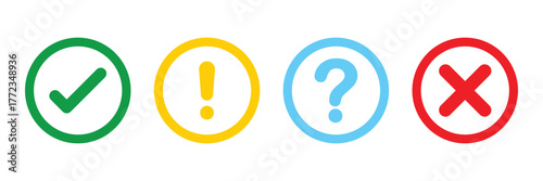 Set of round check mark, exclamation point, x mark icon. Check mark, exclamation point, cross mark icons set Flat and outline style. Vector illustration.