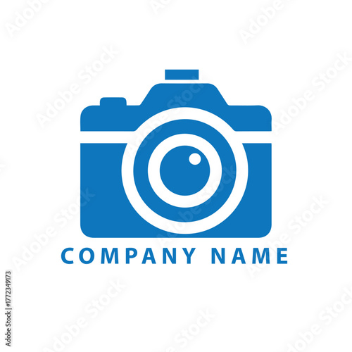 Minimalist blue camera icon logo with concentric lens detail and 'Company Name' placeholder text.
