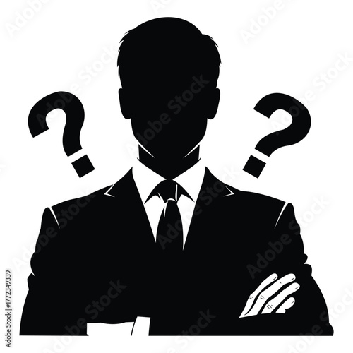Silhouette of a businessman with question marks on a, representing mystery, unknown, or a new idea