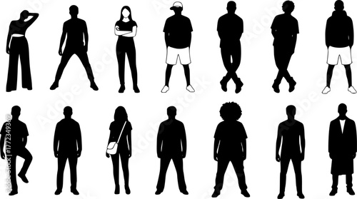 Silhouettes of young people posing in casual clothes. Vector silhouettes man and women, illustration. EPS10 version.
