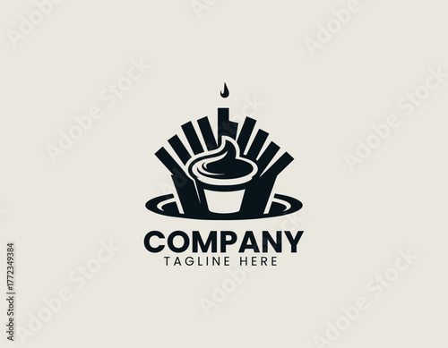 French fries with ketchup black vector logo illustration