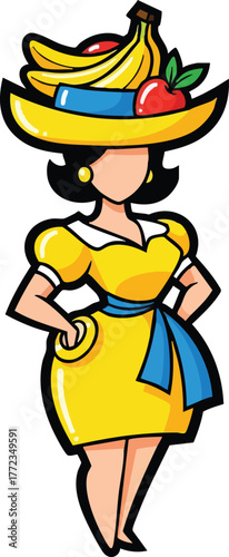 Woman with fruit hat and yellow dress holding plate in front of white background