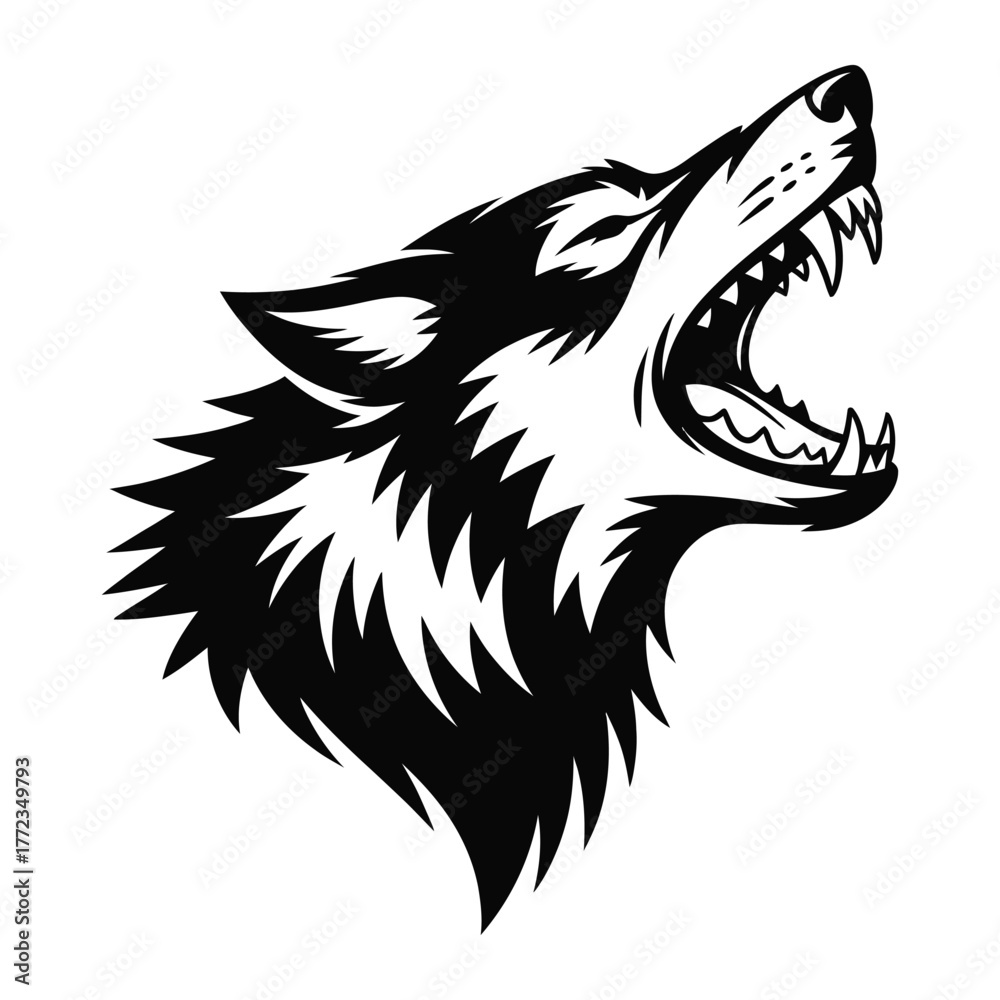 Obraz premium Ferocious wolf head roaring with sharp teeth and intense gaze graphic vector Illustration