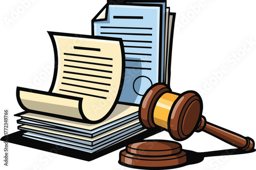Legal Documents and Gavel Symbolizing Justice and Law With Blue and Beige Paper Stacks and Brown Wooden Object