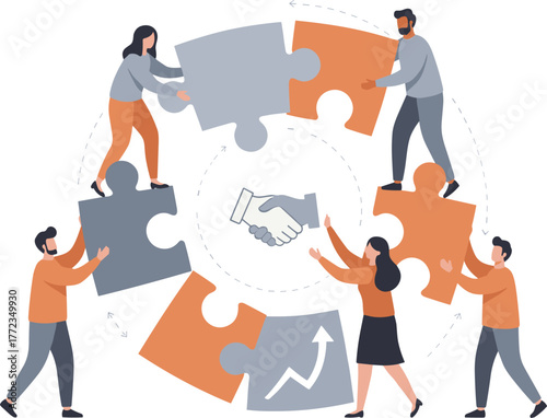 Teamwork, collaboration, and partnership success concept with diverse people connecting puzzle pieces in a circular cycle around a central handshake, symbolizing business development, and unity.