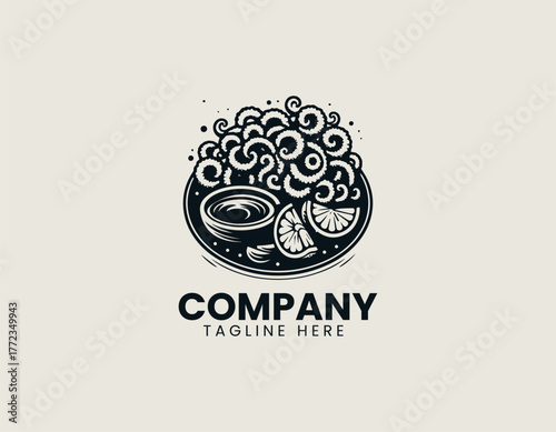 Fried calamari rings with lemon and sauce minimalist black vector logo illustration