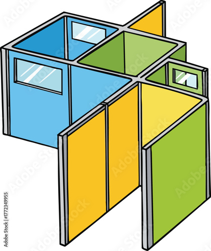 Modern Office Cubicle Design with Colorful Partitions and Windows