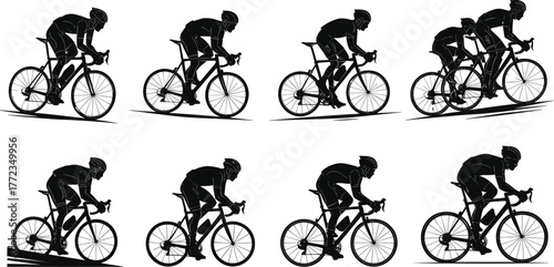 Cyclist silhouette illustrations, black and white vector art of road bike motion, terrain variations, and racing postures