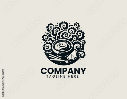 Fried calamari rings with lemon and sauce minimalist black vector logo illustration