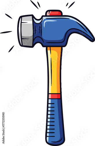 Pixel Art Blue Hammer With Yellow Handle And Red Button On White Background