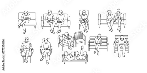 CAD Drawings. Top view of people sitting on chairs and benches in various positions isolated on white background. Vector illustration.
