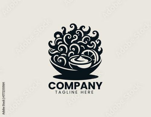 Fried calamari rings with lemon and sauce minimalist black vector logo illustration