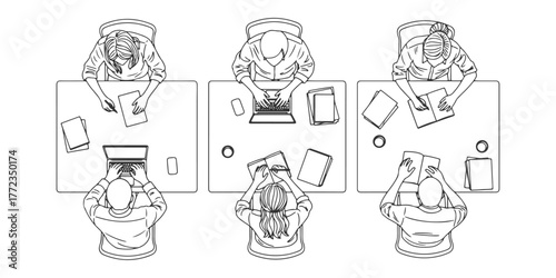 CAD Drawings. Top view of people sitting at desks, working on laptops or writing isolated on white background. Vector illustration.