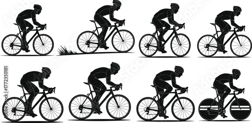 Cyclist silhouette illustrations, black and white vector art of road bike motion, posture variations, and aerodynamic racing styles