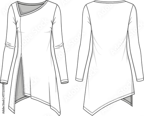 Women’s asymmetrical tunic top, diagonal slit blouse, long sleeve design, angled neckline detail, garment technical drawing, fashion flat sketch, apparel sewing pattern illustration