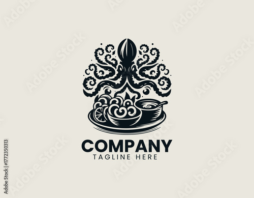 Fried calamari rings with lemon and sauce minimalist black vector logo illustration