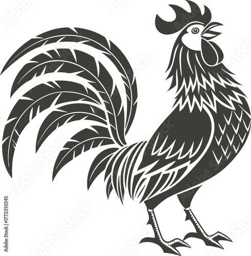 Detailed silhouette of a rooster isolated on white background
