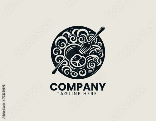 Fried calamari rings with lemon and sauce minimalist black vector logo illustration