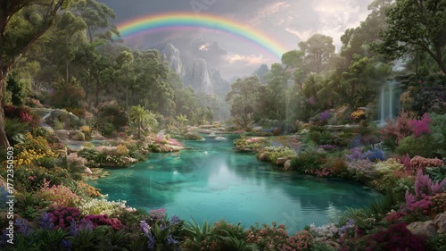Experience eternal bliss in a radiant garden of eden under a vivid rainbow with vibrant flowers and serene waters	