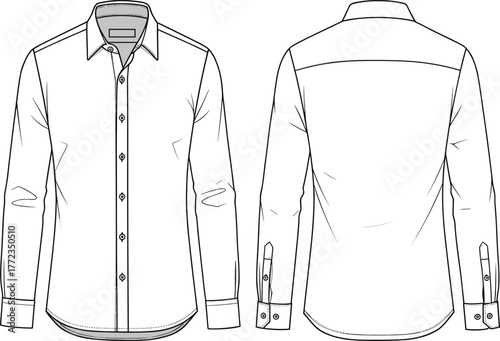 Men’s long sleeve button-up shirt, classic collar design, formal business wear, garment technical drawing, fashion flat sketch, apparel sewing pattern illustration