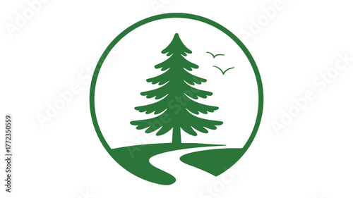 Serene evergreen tree nature logo with winding path and birds simple design