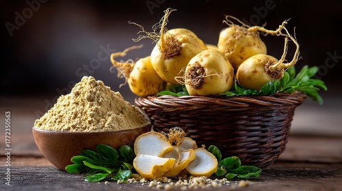 Raw maca root and powder composition with basket and bowl