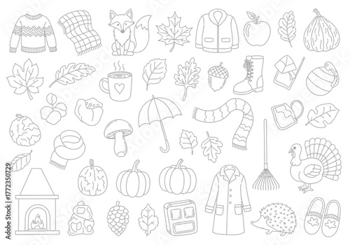 Autumn Season Doodle Clipart Set - Black and White Hand-Drawn Fall Objects Line Art Vector Collection for Coloring and Scrapbooking
